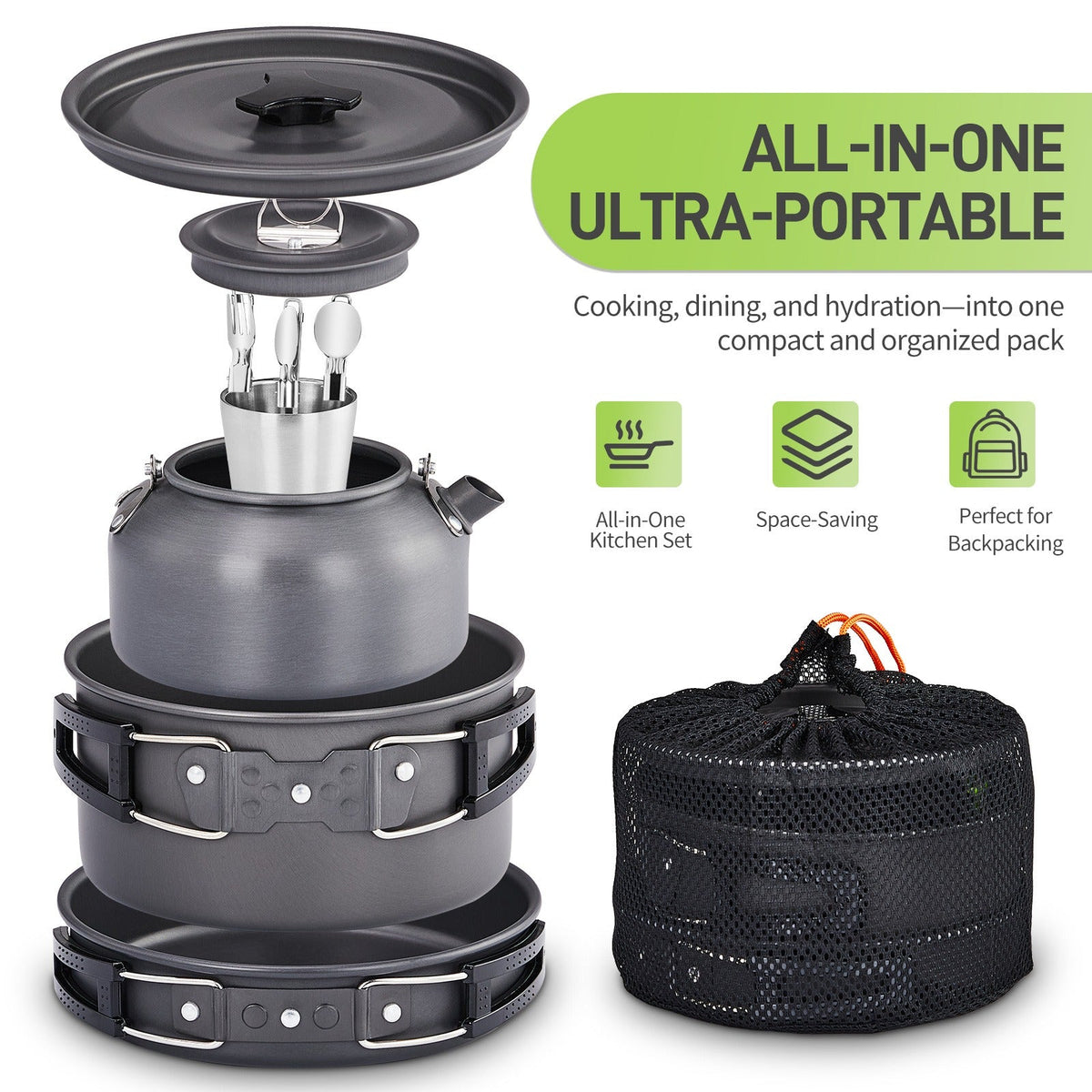 Camping Cookware Set, 19- or 27-Piece Coated Aluminum Mess Kit with Pot, Pan, Kettle, Cups, Plates and Cutlery