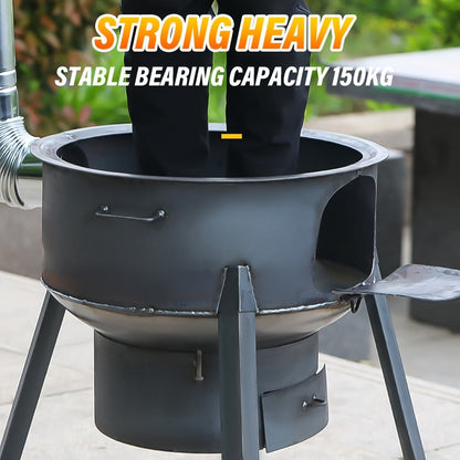 Outdoor Wood Stove with Chimney & Tripod, Heavy-Duty Metal Camping Stove for Backyard, Terrace & Campsite – Circular Design, Large Pot Compatible, 2 Sizes