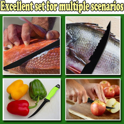 Three-Piece Stainless Steel Fishing Knife Set with 4.5 to 6.5 Inch Green-Handled Fillet Blades