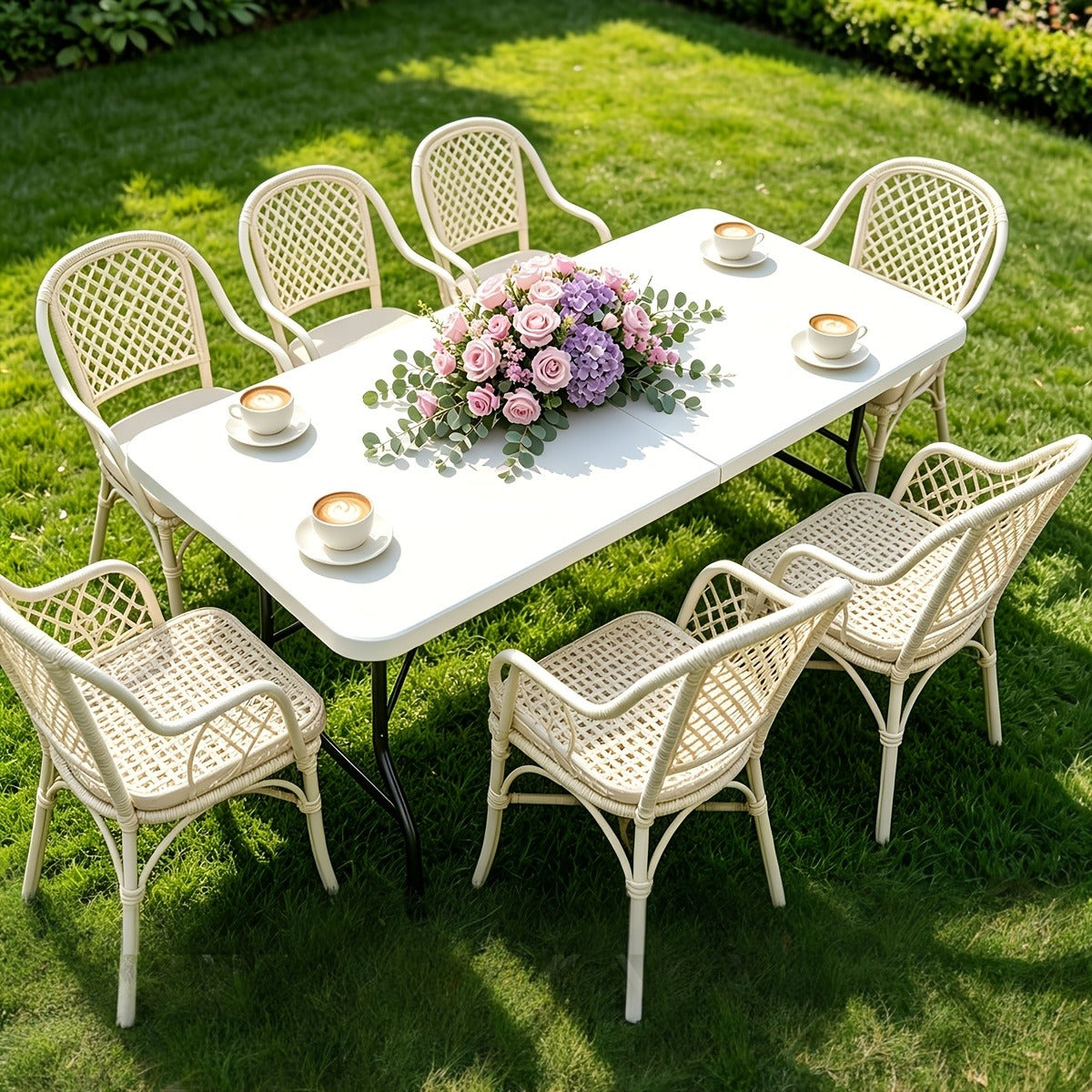 Folding Table 4ft and 6ft White Plastic Top with Black Metal Legs, Carry Handle and Adjustable Height