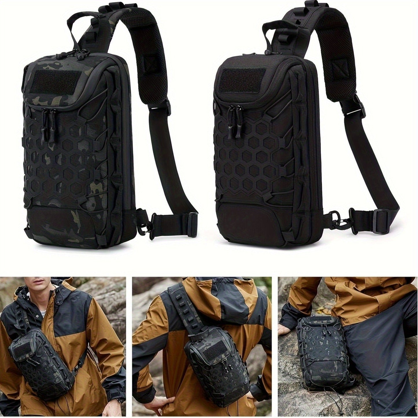 Structured Tactical Shoulder Crossbody Bag with Honeycomb Front Panel in Black or Camouflage Pattern