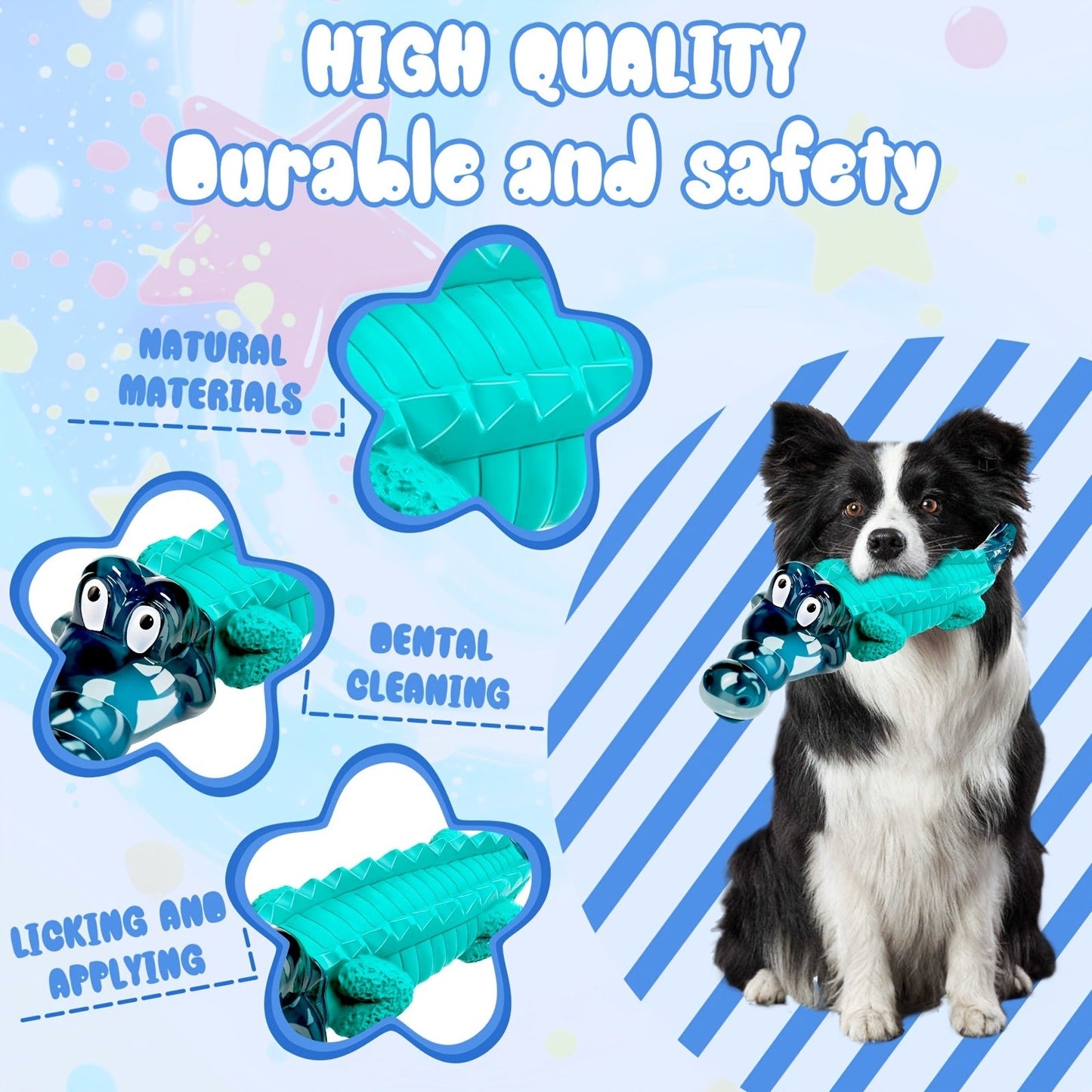 Dog Toy Blue Rubber Crocodile Chew Design with Milk Flavor, Raised Ridges and 20-100 lb Guidance