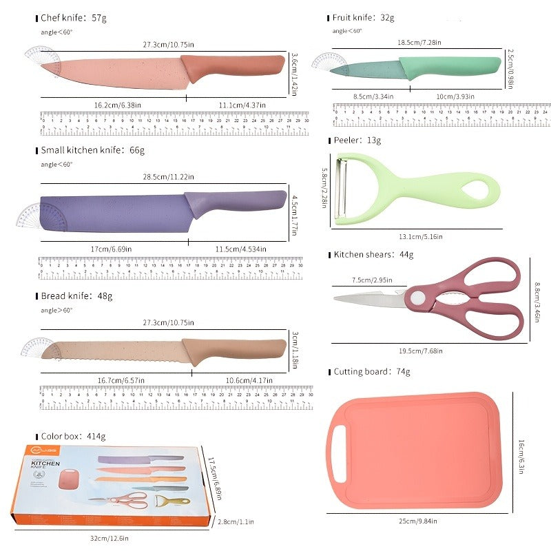 Kitchen Knife Set 7 Piece Stainless Steel Ergonomic Wheat Straw Handle with Cutting Board – Portable Camping Travel Chef Knives for Home Restaurant Outdoor Cooking Gift
