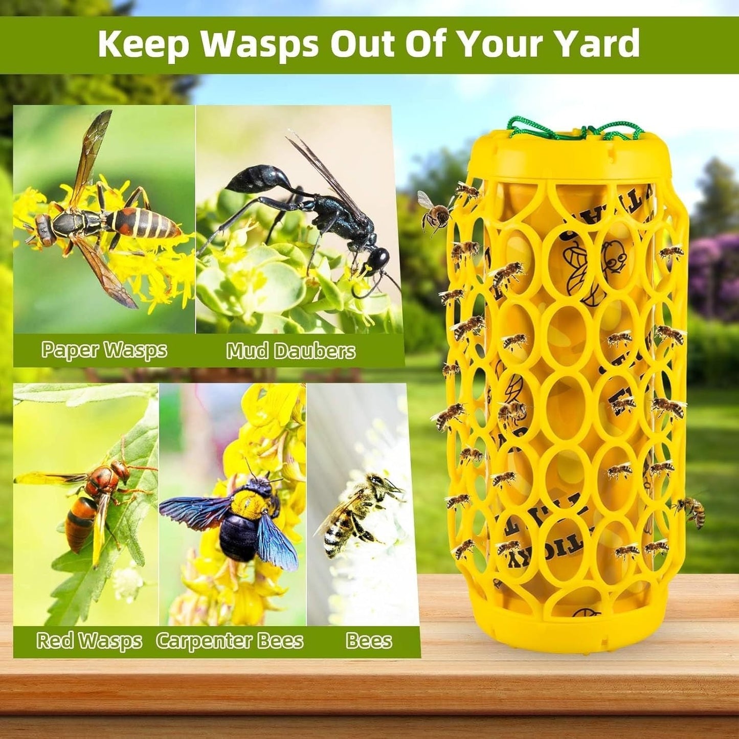 Wasp Trap Outdoor Hanging Reusable Yellow Jacket Trap Carpenter Bee Hornet Catcher with Sticky Bait Killer for Garden Patio Outside