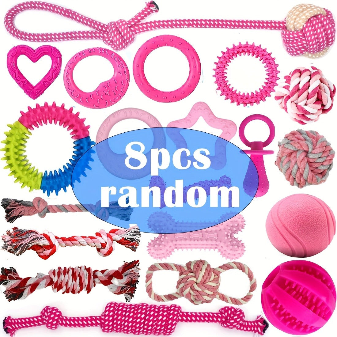 Dog Toy Pink Puppy Chew Bundle with Textured Toothbrush Shapes and Balls in Random 5 or 8 Pieces