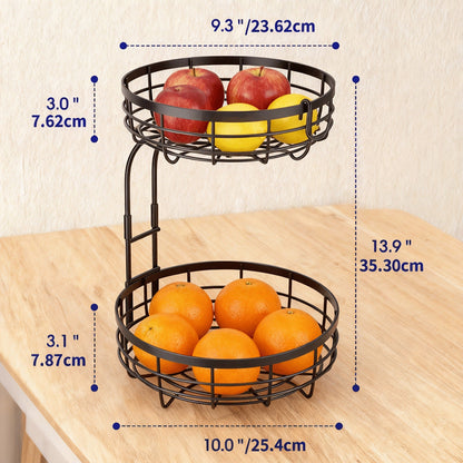 Fruit Basket with Banana Hook, 2 & 3 Tier Metal Stand, Removable Tiers, Wooden Handle, Kitchen Countertop Organizer for Fruits, Vegetables & Bread