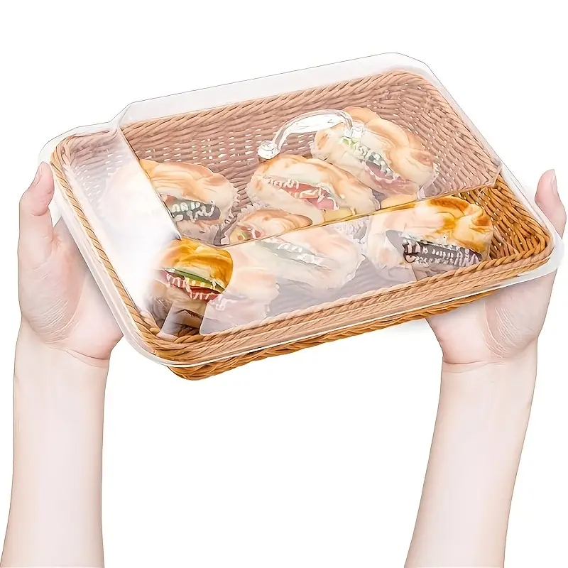 Wicker Bread and Fruit Storage Basket with Clear Acrylic Lid in Square or Round Checkout Shapes