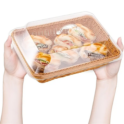 Wicker Bread and Fruit Storage Basket with Clear Acrylic Lid in Square or Round Checkout Shapes