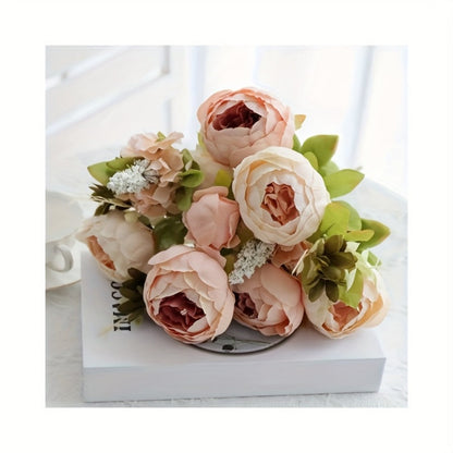 Faux Peonies Hydrangeas Artificial Flowers Vintage Silk Bouquet - Pink Green Mix Floral Centerpiece for Bridal Wedding Home Table Decor Rustic Farmhouse Arrangement