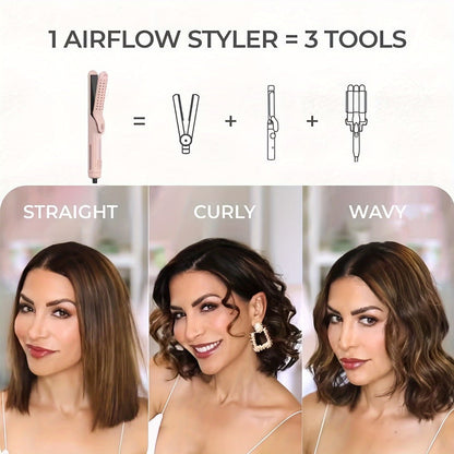 2-in-1 Airflow Curling Iron 360° Ceramic – Curl & Straighten Anti-Scald Hair Styler Wand with 5 Temps Cool Air Technology for Long & Short Hair – Pink, Black