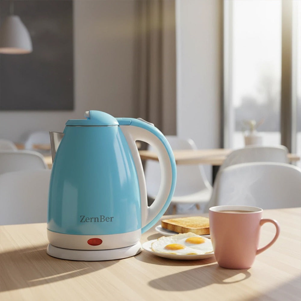 Electric Kettle by ZernBer, 60oz 1000W Stainless Steel Interior with LED Indicator and Heating Base in Blue