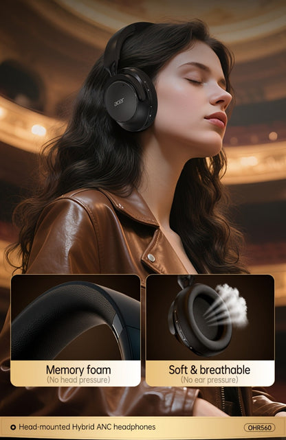 Acer OHR560 ANC Over-Ear Wireless Headphones, Full-Coverage Foldable Design HiFi Stereo HD ENC Call Noise Reduction Built-in Mic, 3.5mm Audio Cable Compatible for Work Travel Gaming Study