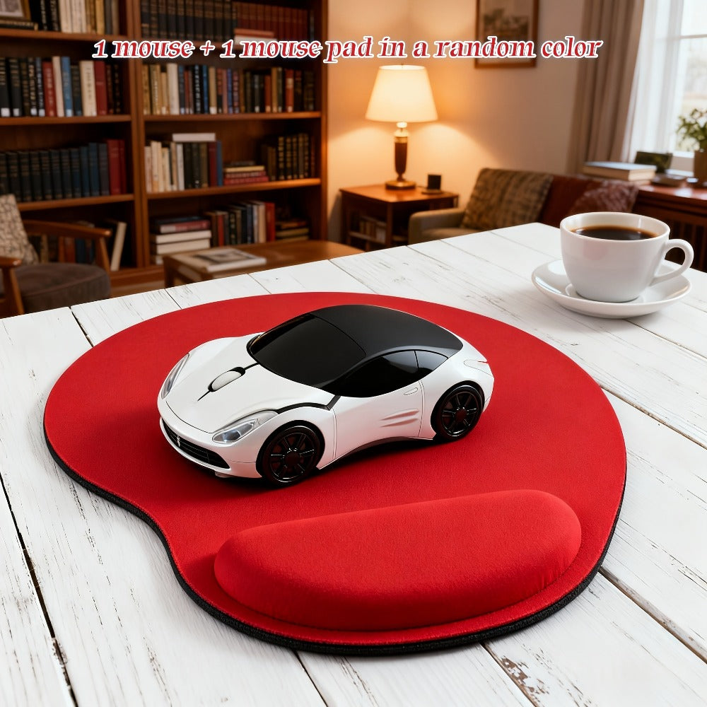 Red Car-Shaped Wired USB Optical Mouse with Random-Color Mouse Pad Two-Piece Desktop Bundle