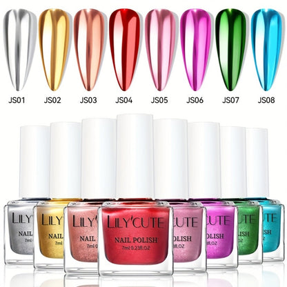Eight-Piece Metallic Nail Polish Set with JS01–JS08 Mirror-Color Shades in 0.24 oz Glass Bottles