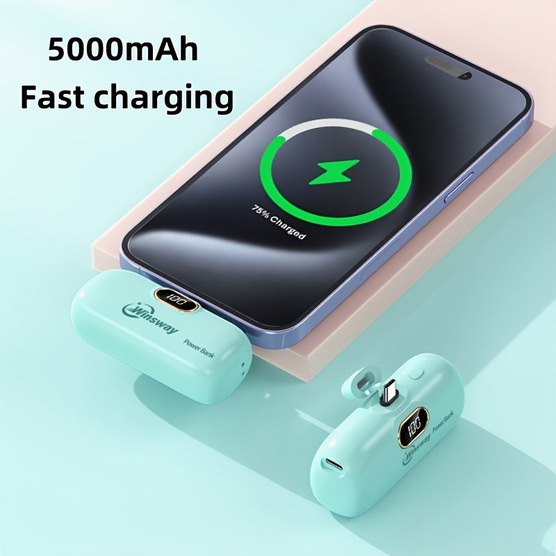 Winsway 5000mAh Mini Portable Charger Type-C Metal Plug with LED LCD Display – Fast Charging Pocket Battery Pack for iPhone 17 16 15 Pro Max iPad Pro Android Samsung, Compact Travel Gift