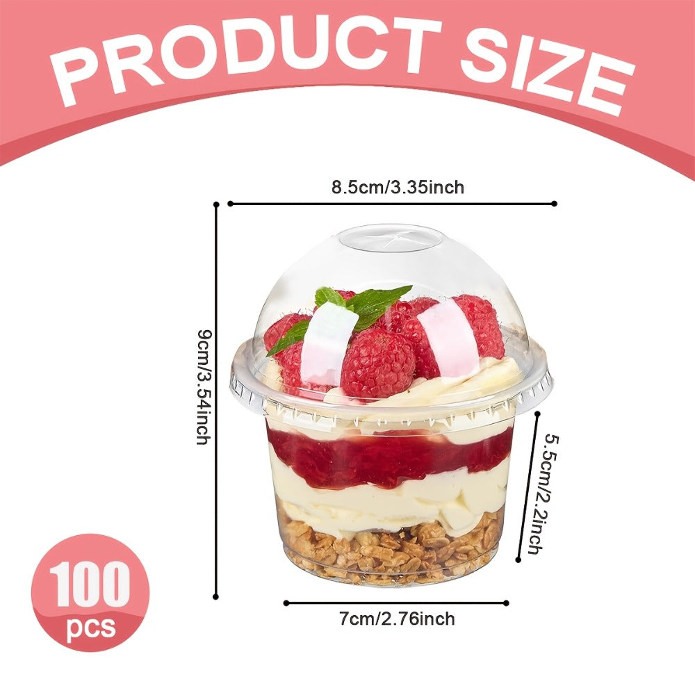 100-Piece Clear 8-Ounce Dessert Cup Set with Separate Dome Lids for Layered Treats and Party Service