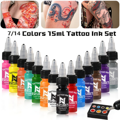 Tattoo Ink NISIMP 7- or 14-Color Gift Box Set with Transparent Bottles and Two Configurations
