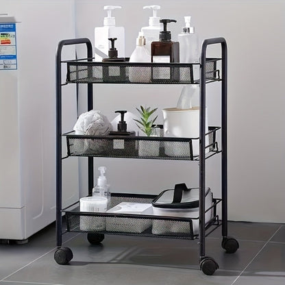 Three-, Four- or Five-Tier Black Carbon Steel Rolling Storage Cart with Detachable Wire Baskets