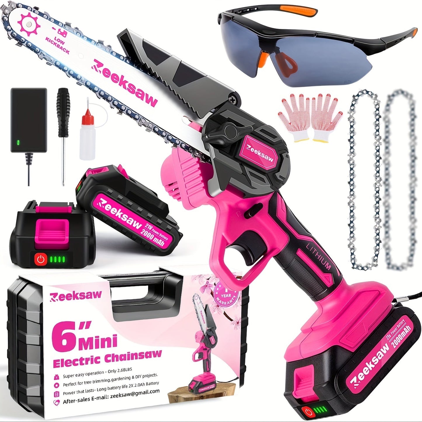 Pink 6-Inch Mini Cordless Chainsaw Kit with Two Batteries, Charger, Carry Case, Spare Chains and Clear Eyewear
