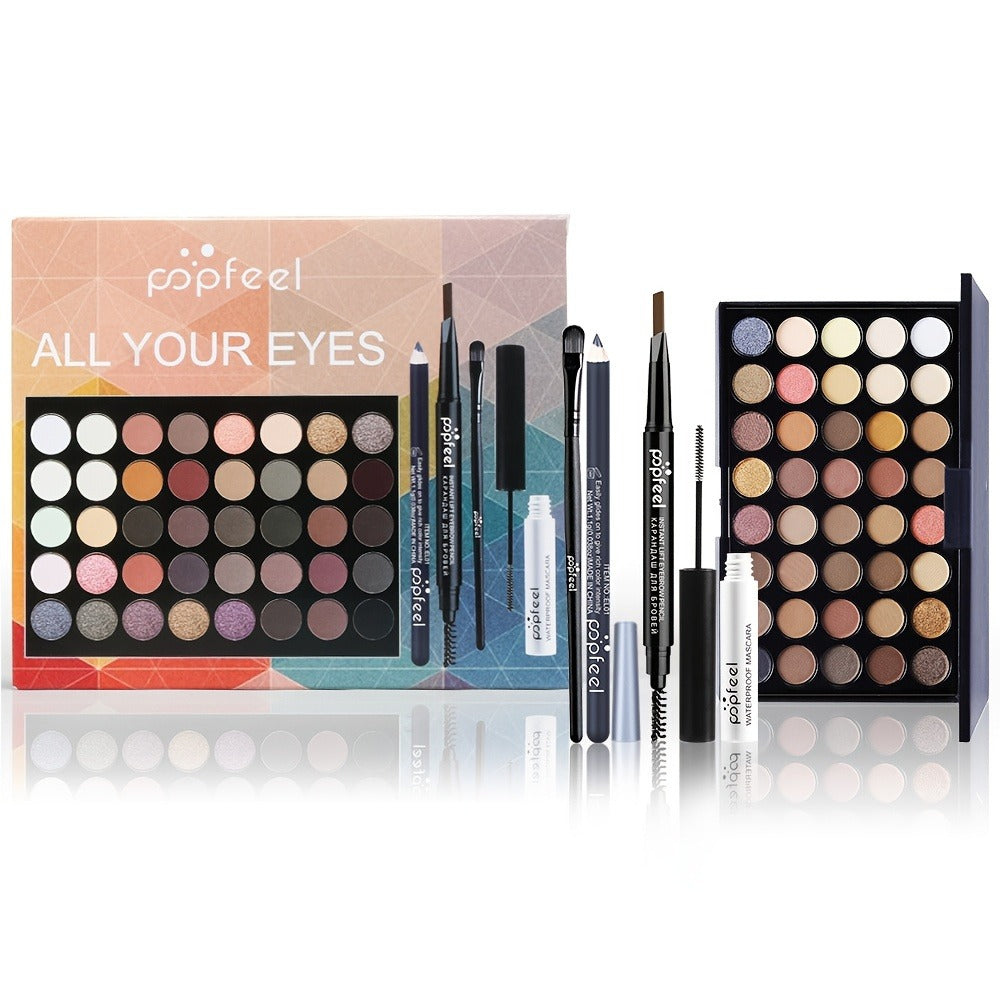 Complete Eye Makeup Kit 40 Color Eyeshadow Palette with Mascara Eyeliner Eyebrow Pencil & Brush — Matte Shimmer Glitter Pigmented