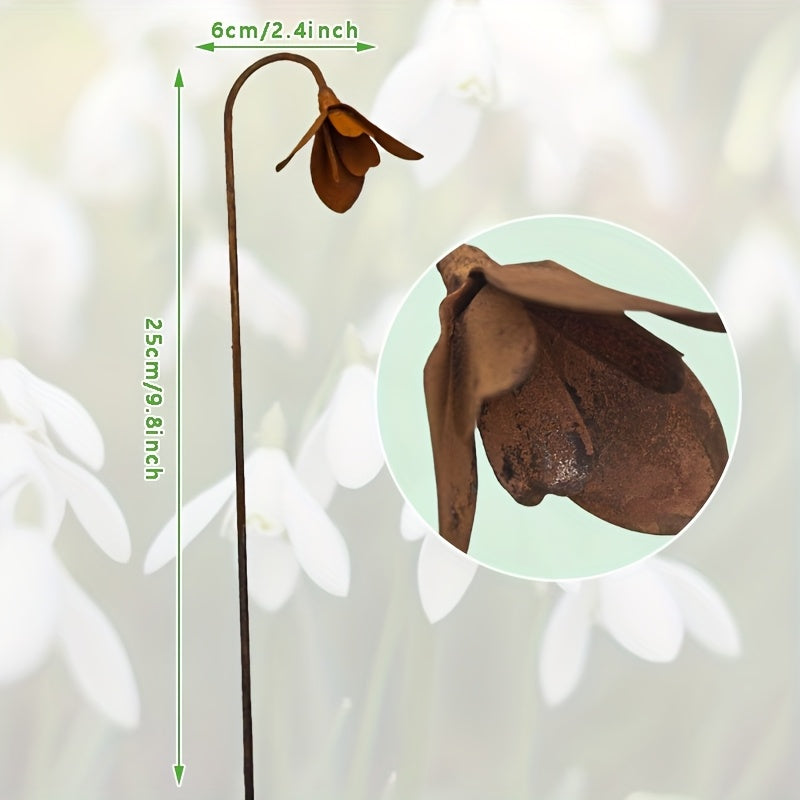 Rustic Metal Snowdrop Garden Stakes, Three-Piece Curved Flower Set with 25 cm Stems for Pots and Borders
