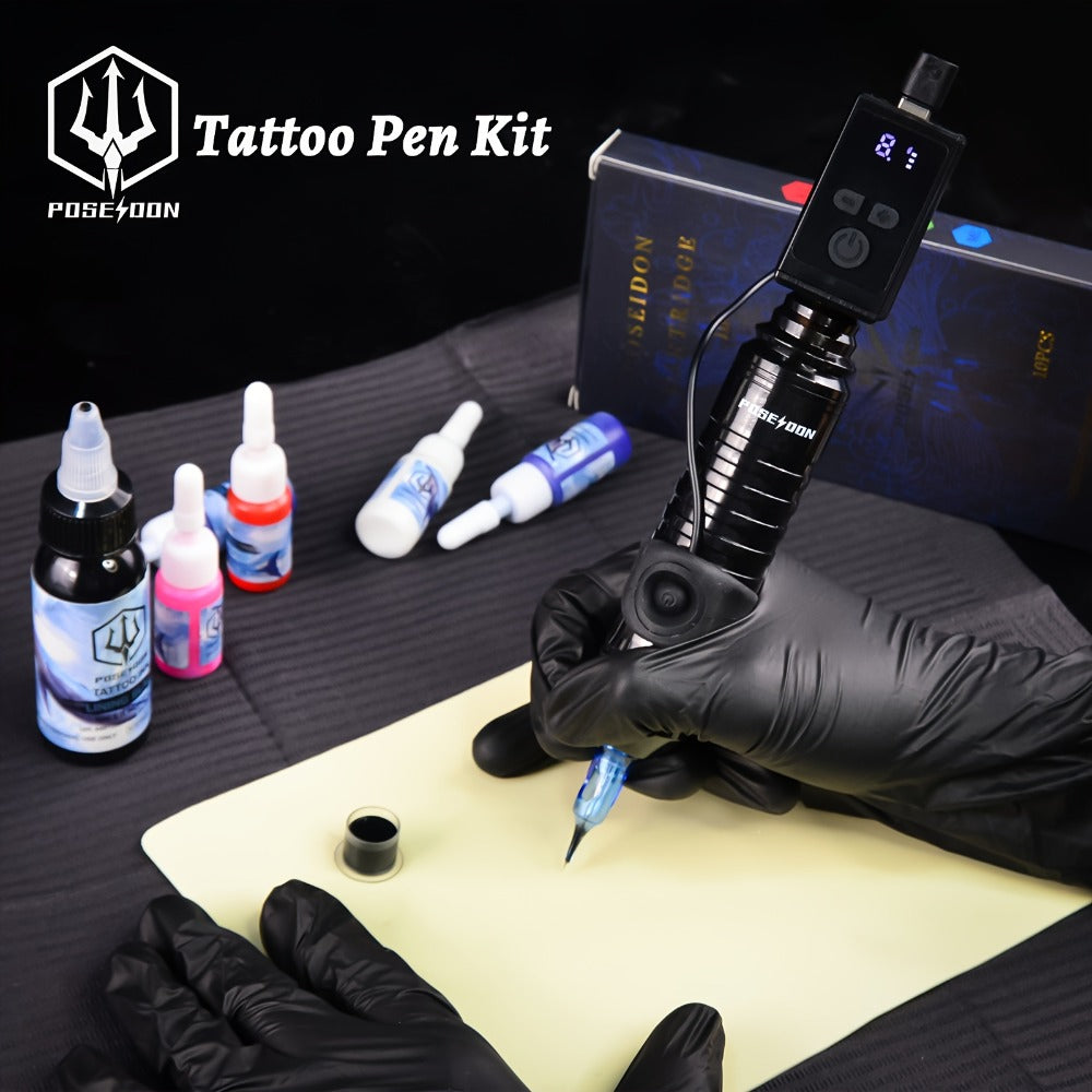 Tattoo Machine Kit POSEIDON BT17-XH Wireless Pen with 1200mAh Battery, LCD, 10 Cartridges and 6 Inks