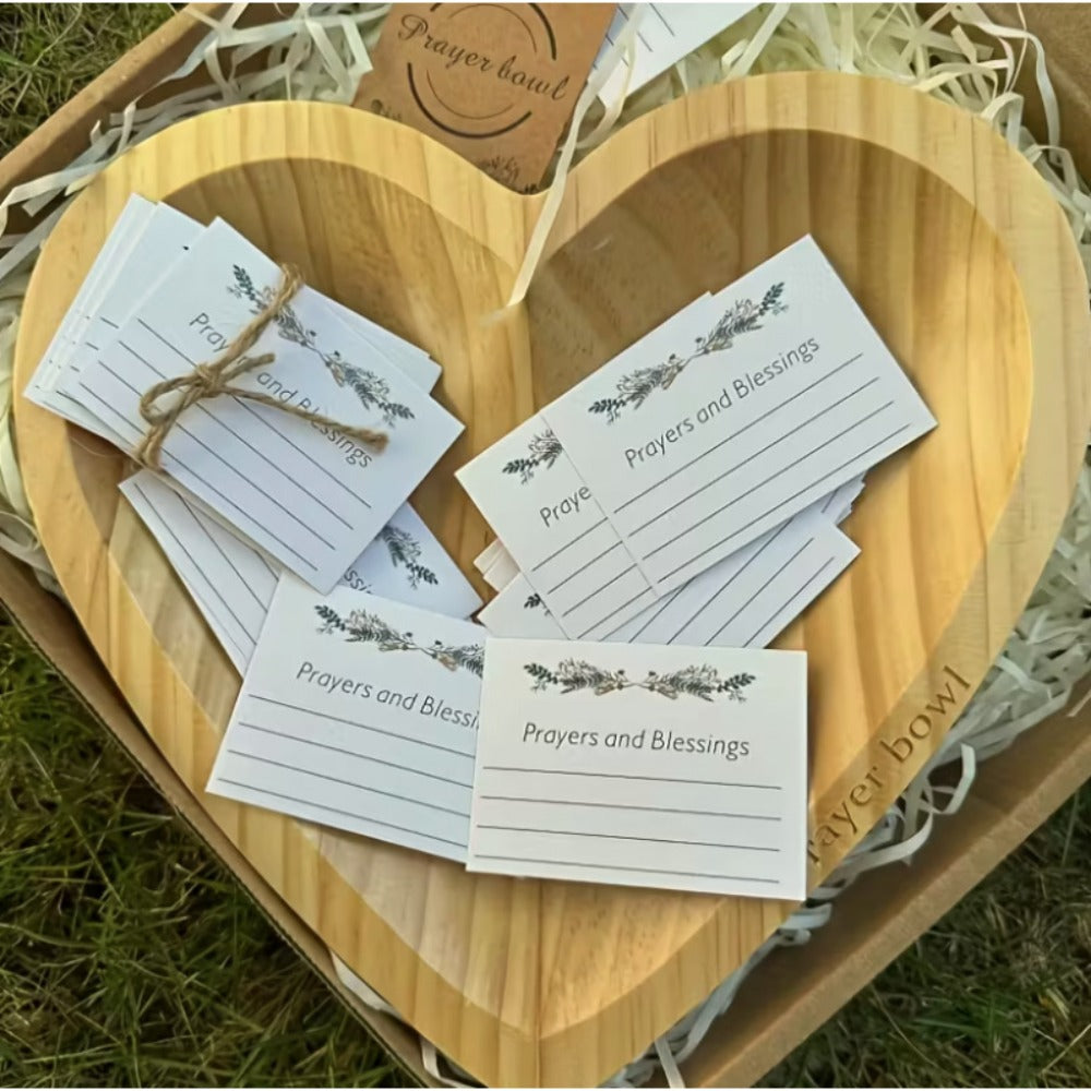 Heart-Shaped Wooden Prayer Bowl Set with Cross Engraving and Twenty-Four Printed Prayer Cards