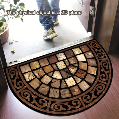 Doormat Non-Slip Stone Print Semi-Circular Welcome Mat Thick Soft Earth Tone Mosaic Design Machine Washable Outdoor Indoor Porch Rug for Home Decor