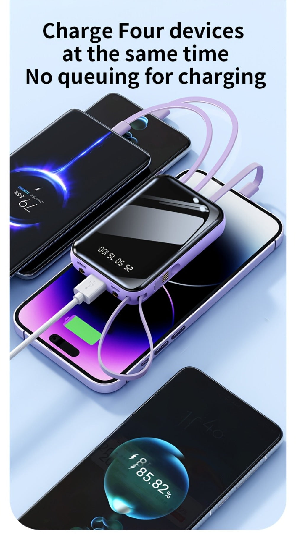 3-in-1 Built-in Cables Power Bank 50000mAh Portable Charger with Smart Digital Display Flashlight Apple Lightning Type-C USB Safe Lithium Battery Pack Outdoor Emergency Travel Gift