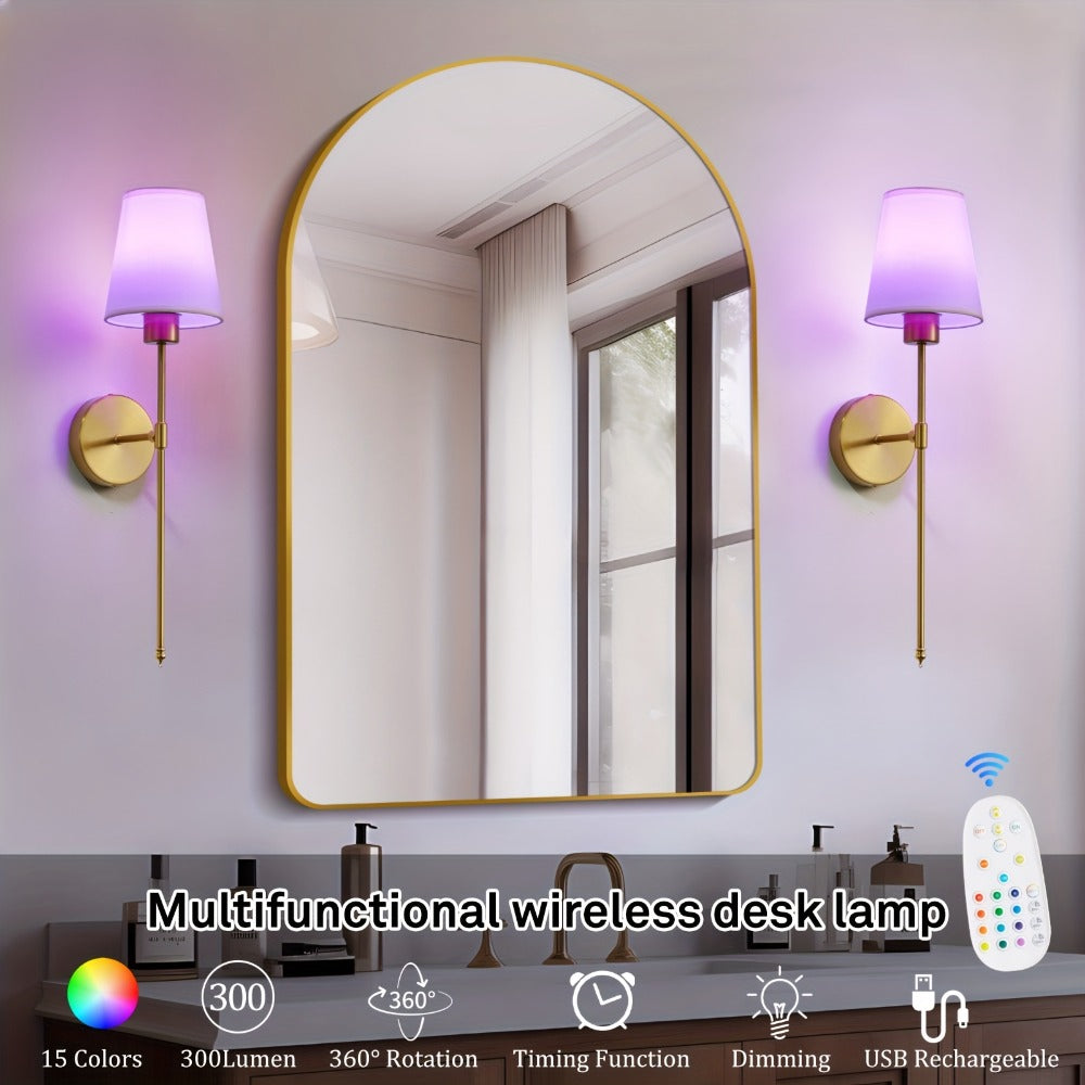 Rechargeable Two-Piece Wall Sconce Set with Fabric Shades, 15-Color RGB Bulbs and Remote in Gold or Black