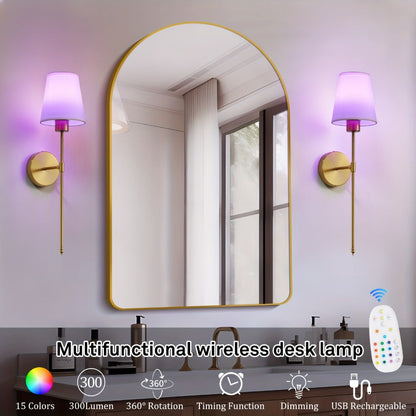 Rechargeable Two-Piece Wall Sconce Set with Fabric Shades, 15-Color RGB Bulbs and Remote in Gold or Black