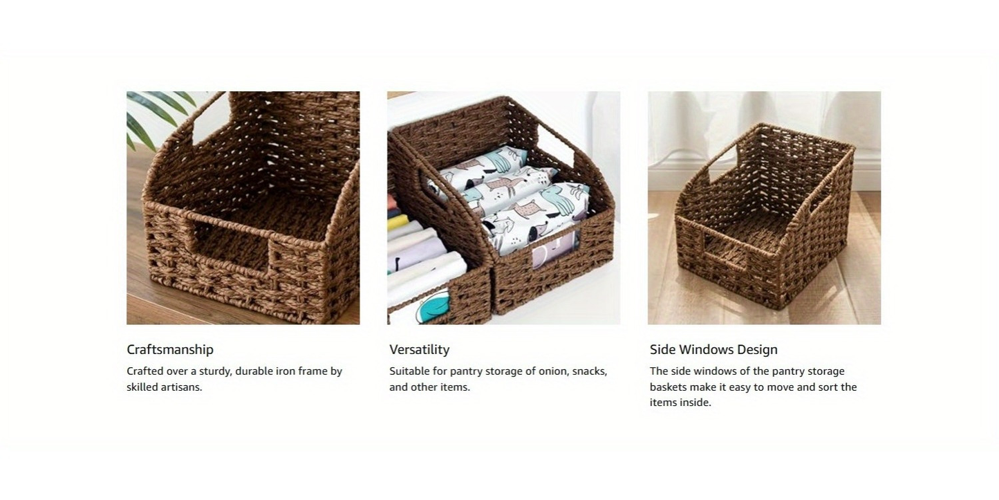 Wicker Storage Baskets 2-Pack - Water Hyacinth & Seagrass Pantry Organizer Bins for Shelves, Kitchen, Bathroom, Bedroom, Boho Home Decor