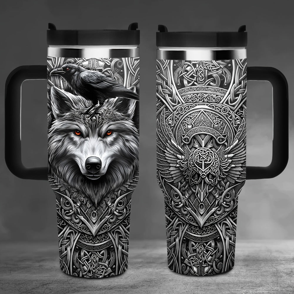 40oz Wolf-and-Raven Graphic Handled Tumbler with Black Lid, Straw and 10 x 26.8 cm Pictured Size