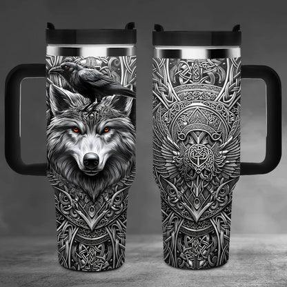 40oz Wolf-and-Raven Graphic Handled Tumbler with Black Lid, Straw and 10 x 26.8 cm Pictured Size