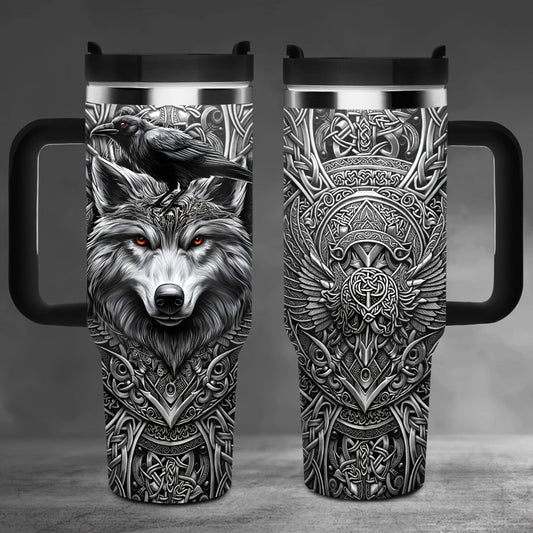 40oz Viking Tumbler with Handle - Wolf Raven Norse Mythology Celtic Knot Stainless Steel Insulated Travel Mug, Viking Gift for Men Women, Coffee Mug for Viking Lovers, Norse Mythology Gift