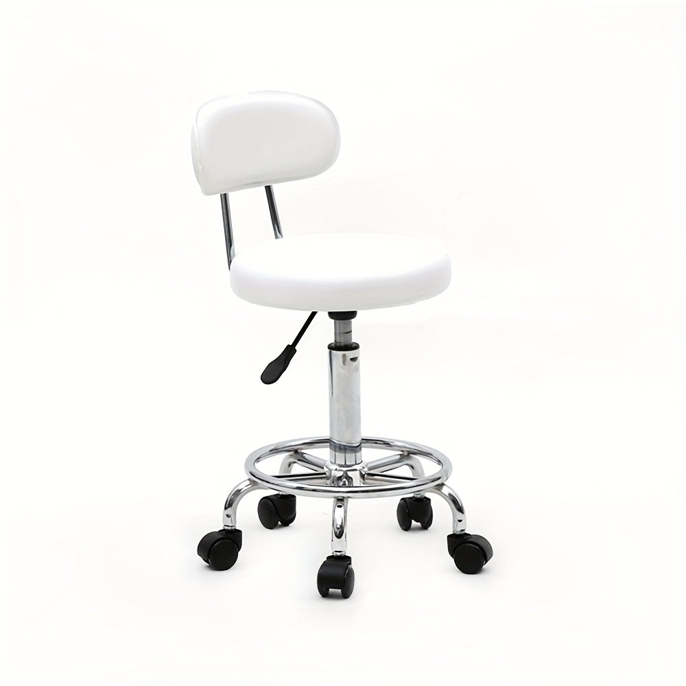 PU Leather Salon Stool with Back & 360° Swivel – Adjustable Height 18.9"-22.8" Round Cushion Chrome Base White Salon Chair for Nail Tech, Esthetician & Beauty Studio