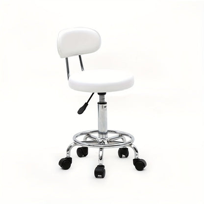 PU Leather Salon Stool with Back & 360° Swivel – Adjustable Height 18.9"-22.8" Round Cushion Chrome Base White Salon Chair for Nail Tech, Esthetician & Beauty Studio