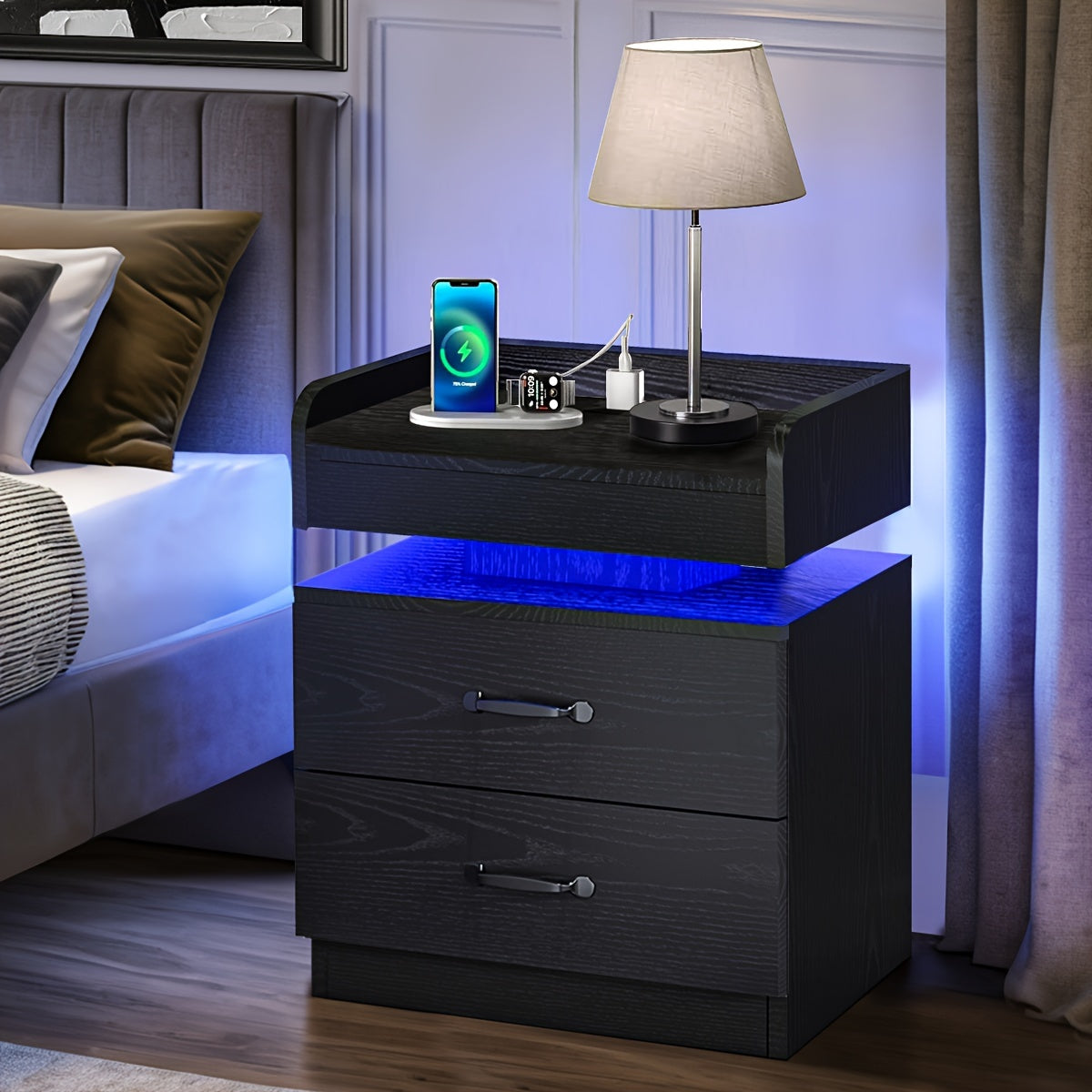 Small Nightstand with USB Charging Station & LED Lights, Compact Bedside Table with Drawer, Under 27 Inch Floor Mount