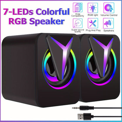 USB Powered Computer Speakers 2.0 Mini Stereo Desk Audio System with RGB Lights, Volume Control, 3.5mm AUX Input, HiFi Sound for PC, Laptop, Tablet & Phone — Plug and Play, No Driver Needed