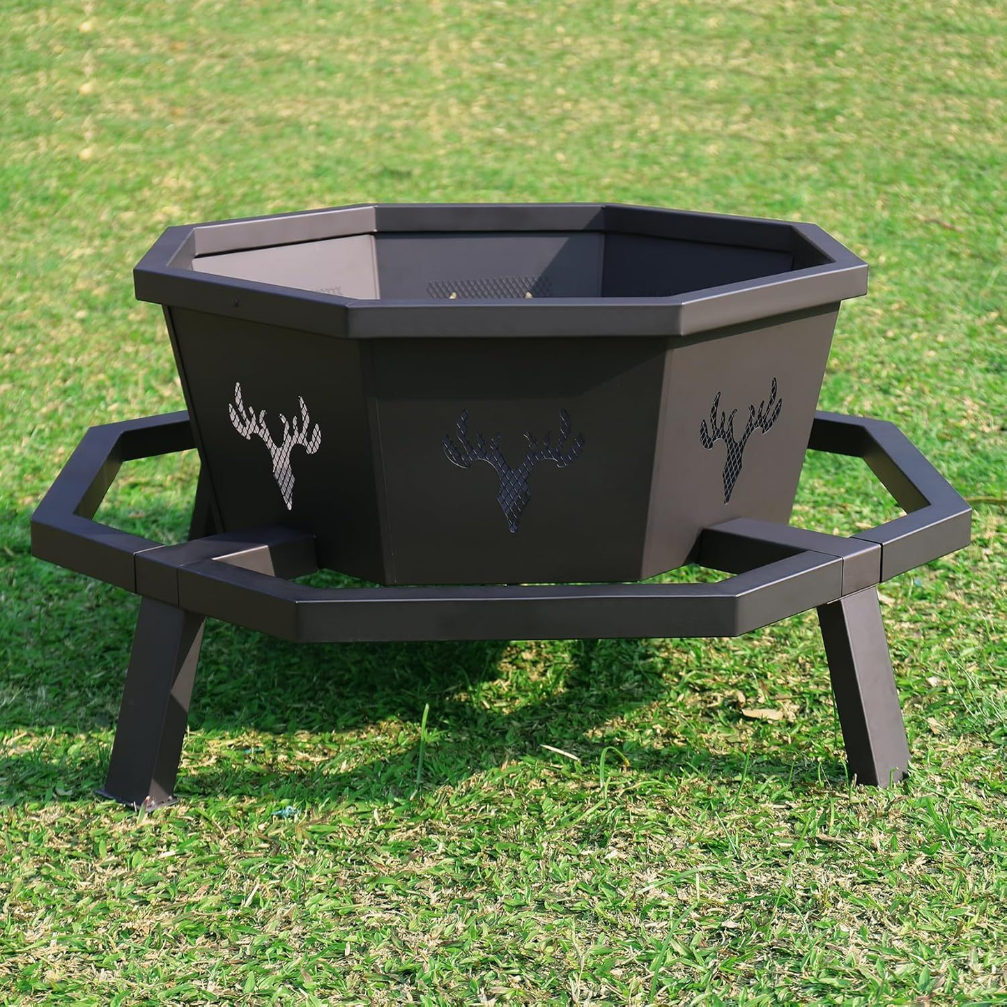 35-Inch Octagonal Wood-Burning Fire Pit with Spark Screen, Poker, Fire Grate and Wide Safety-Ledge Frame
