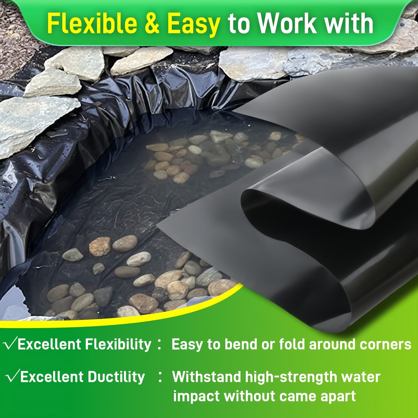 Black HDPE Pond Liner in Six Sizes from 7 x 10 to 20 x 26 Feet for Fish Ponds and Water Gardens