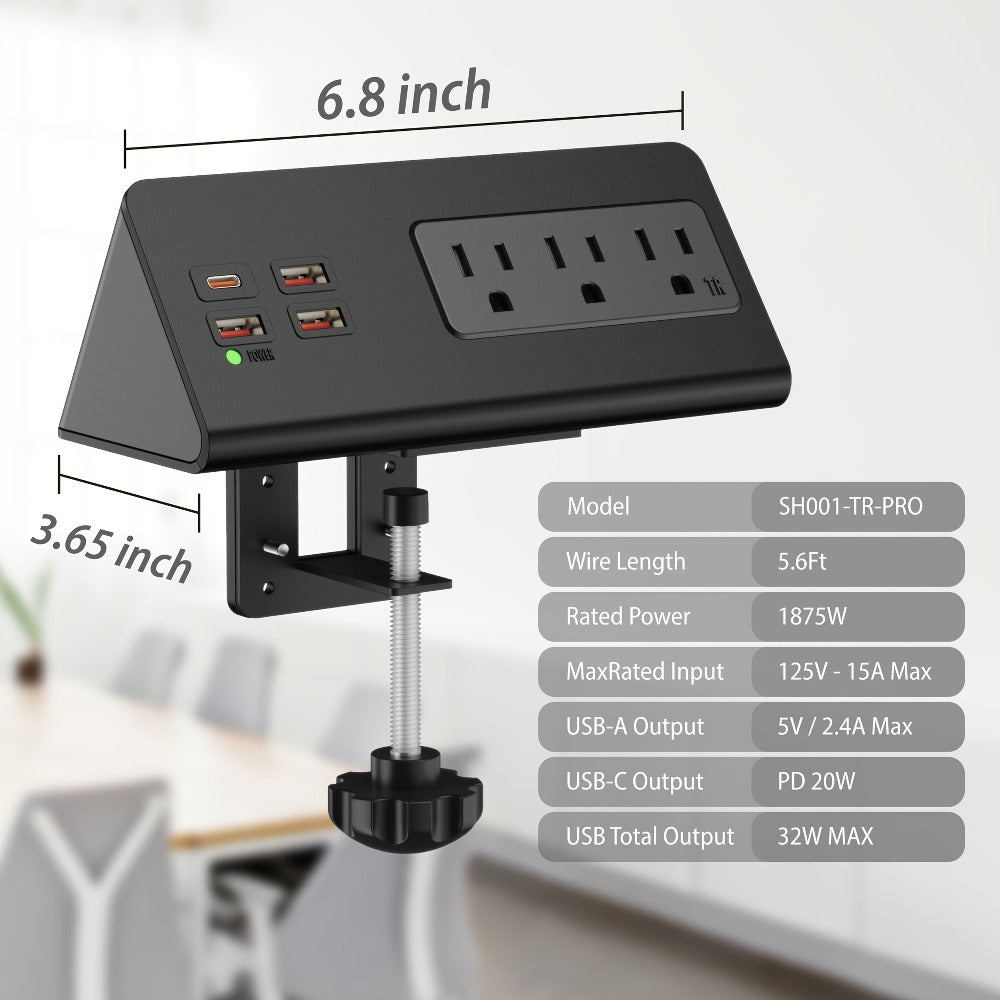 Power Strip Desk-Edge 7-in-1 with Clamp or Screw Mount, PD 20W USB-C, 5.6-Foot Cord and Power Indicator