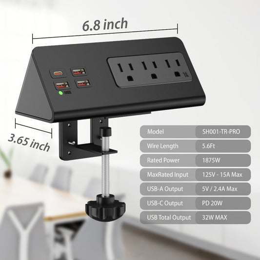 Power Strip Desk-Edge 7-in-1 with Clamp or Screw Mount, PD 20W USB-C, 5.6-Foot Cord and Power Indicator