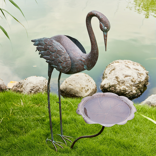 Bird Bath Outdoor Metal Crane Heron Sculpture 36" – Garden Feeder Stake Yard Lawn Patio Decor