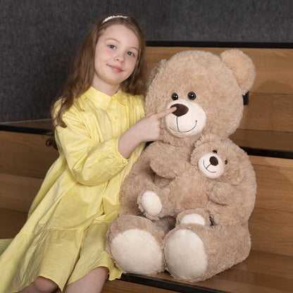 Stuffed Animal Mommy and Baby Teddy Bear Two-Piece Set in Light Brown with Large Cuddly Design