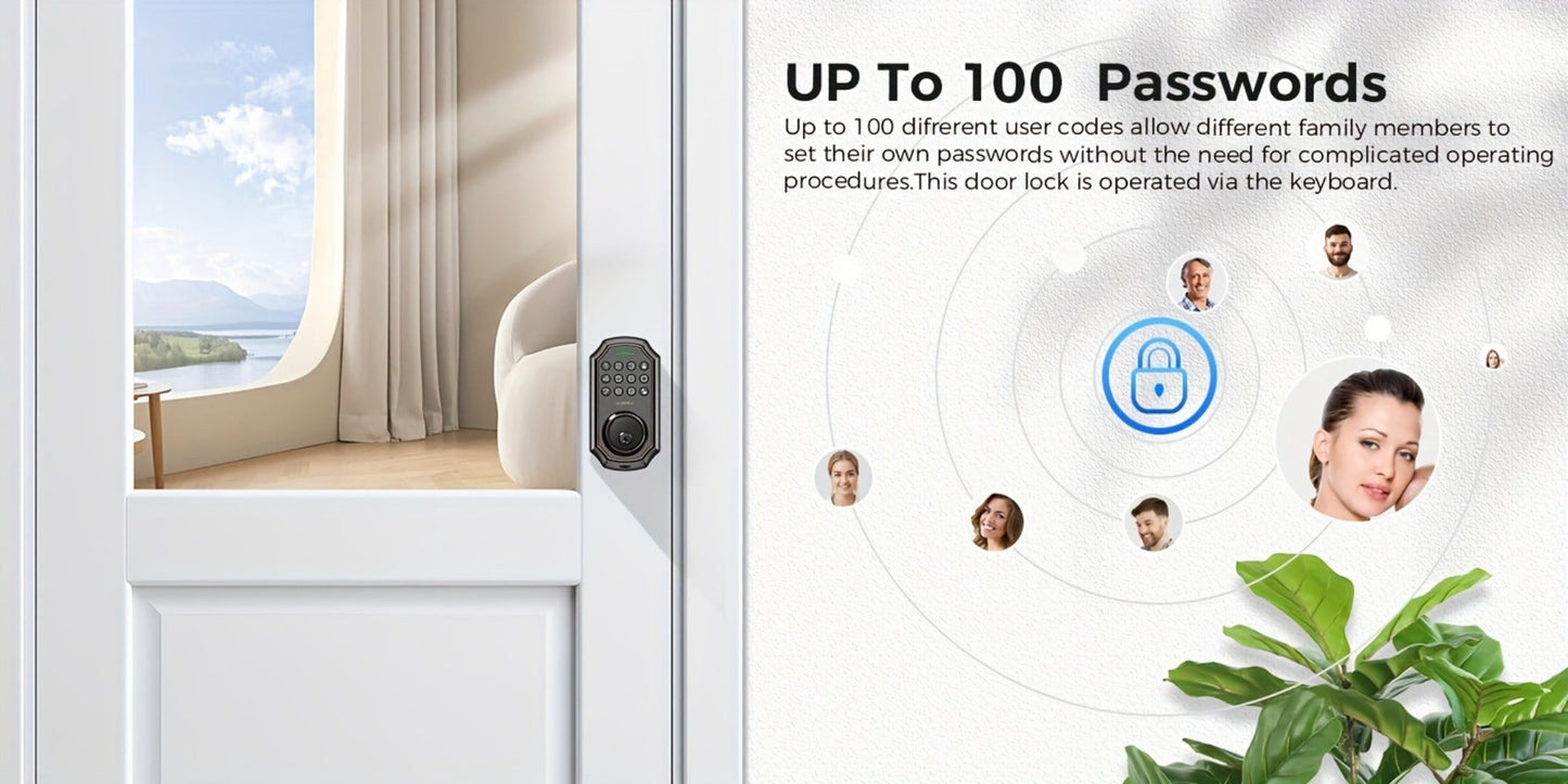 100 Code Keypad Door Lock Smart Keyless Entry Deadbolt – Anti-Peep Password, One-Touch Auto Lock, Fingerprint & WiFi Options, Zinc Alloy Front Door Lock, Easy Install, Low Battery Alarm, Black Silver