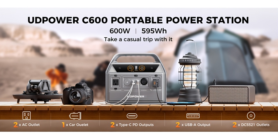 Portable Power Station 595Wh 600W with LiFePO4 Cell Pack, Nine Outputs, USB-C PD and 1200W Surge