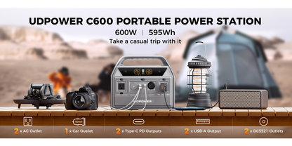 Portable Power Station 595Wh 600W with LiFePO4 Cell Pack, Nine Outputs, USB-C PD and 1200W Surge