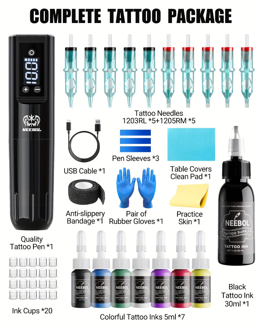 Tattoo Machine Kit Neebol Cordless Rotary Pen with 2000mAh Battery, 10 Cartridges, 7 Inks and Green Soap