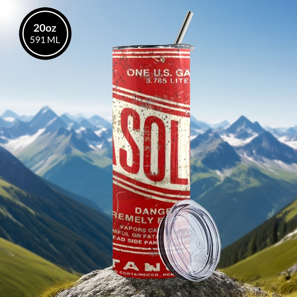 Insulated Tumbler 20oz Vintage Gasoline-Can Graphic Stainless Steel Travel Mug with Lid and Straw